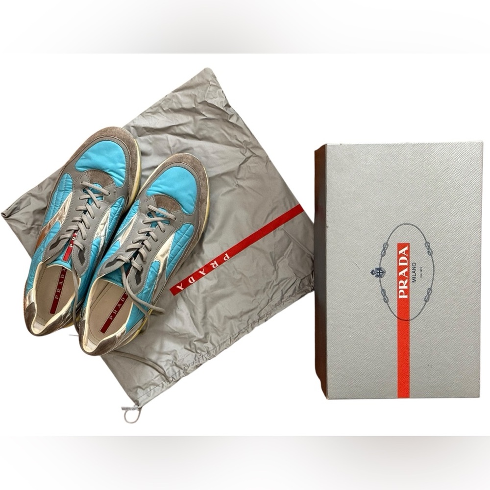 Men’s Prada Turquoise and Taupe Sneakers size 12 with box and dust bag